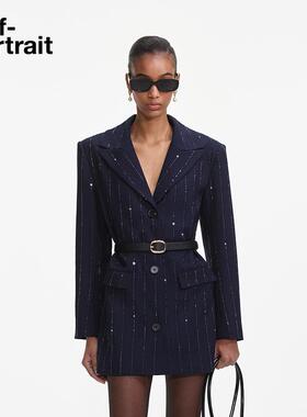 [赵丽颖同款]self-portrait 2025春夏藏蓝色钻饰条纹西装外套