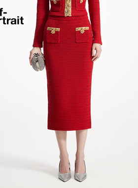 self-portrait 2025早春正红色金色钻饰小香风针织包臀半裙