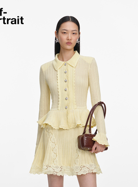 self-portrait 2026春夏新款奶油黄翻领钻饰针织蕾丝拼接连衣裙