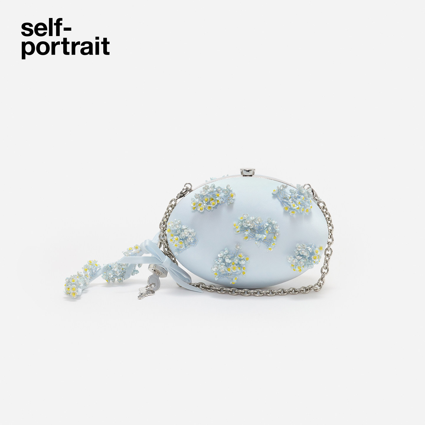 self-portrait 2026早秋新款薄雾蓝串珠花朵链条蛋形手拿包