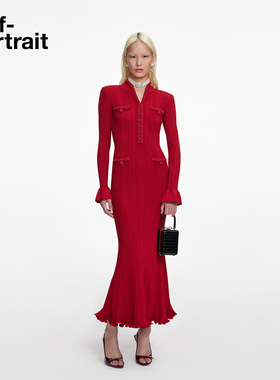 self-portrait 2026早春新款酒红色新中式珠饰针织连衣裙新年