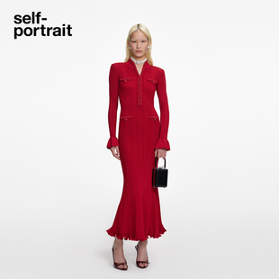 self-portrait 2026早春新款酒红色新中式珠饰针织连衣裙新年