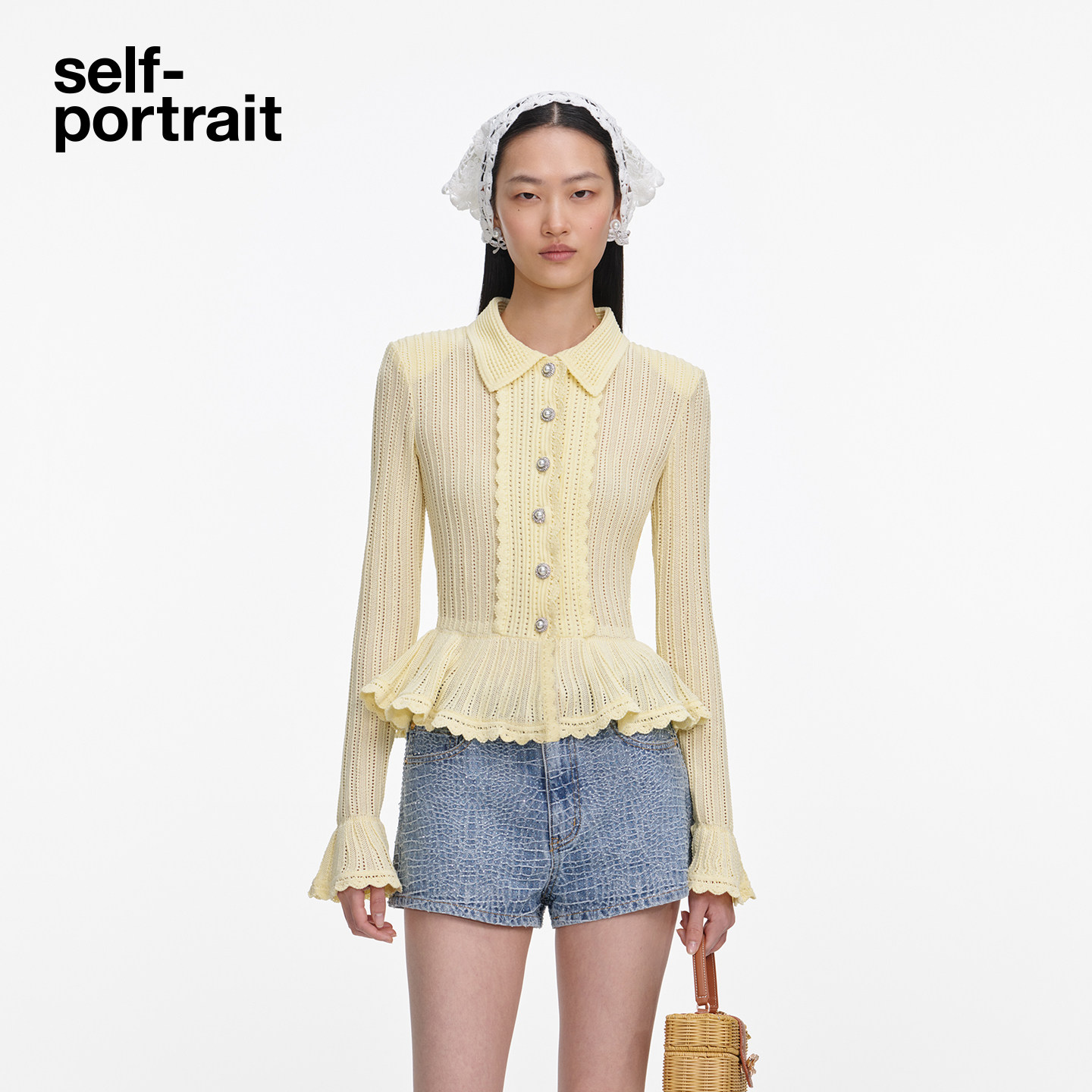 self-portrait 2026春夏新款奶油黄翻领钻饰收腰针织上衣外套开衫