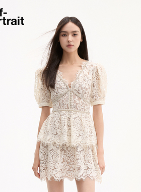self-portrait 白月光经典蕾丝亮片V领泡泡袖生日派对高级连衣裙