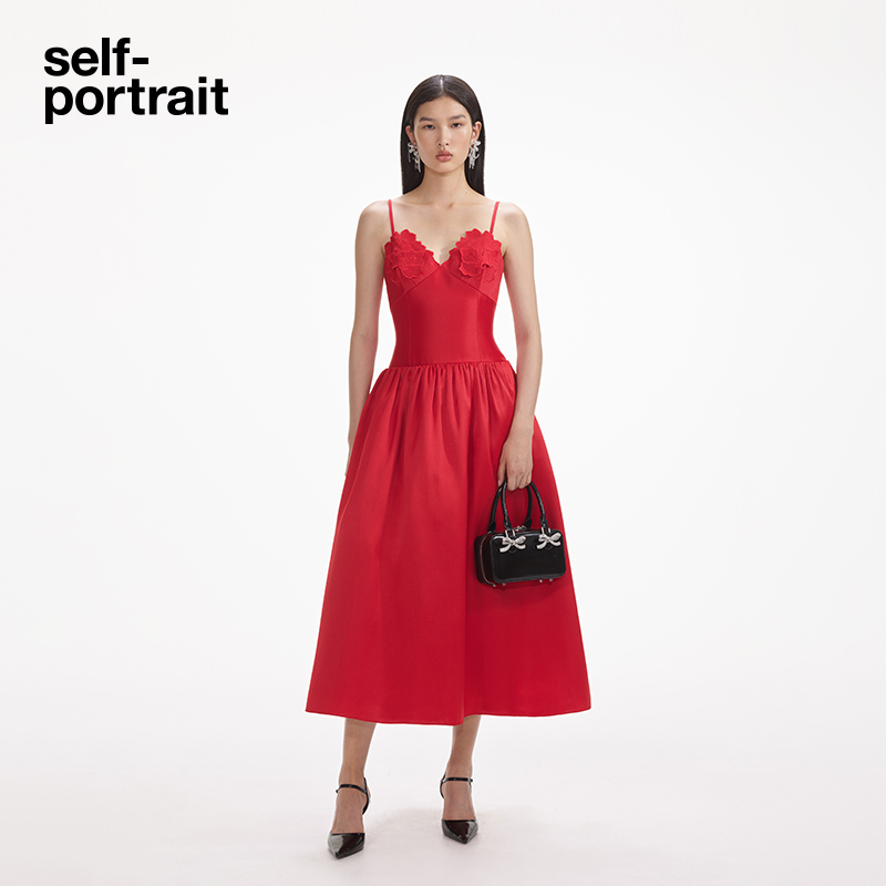 self-portrait 2024秋冬正红色气质立体蕾丝塔夫绸礼服连衣裙