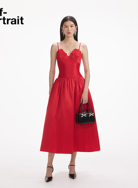 self-portrait 秋冬正红色气质立体蕾丝塔夫绸礼服连衣裙