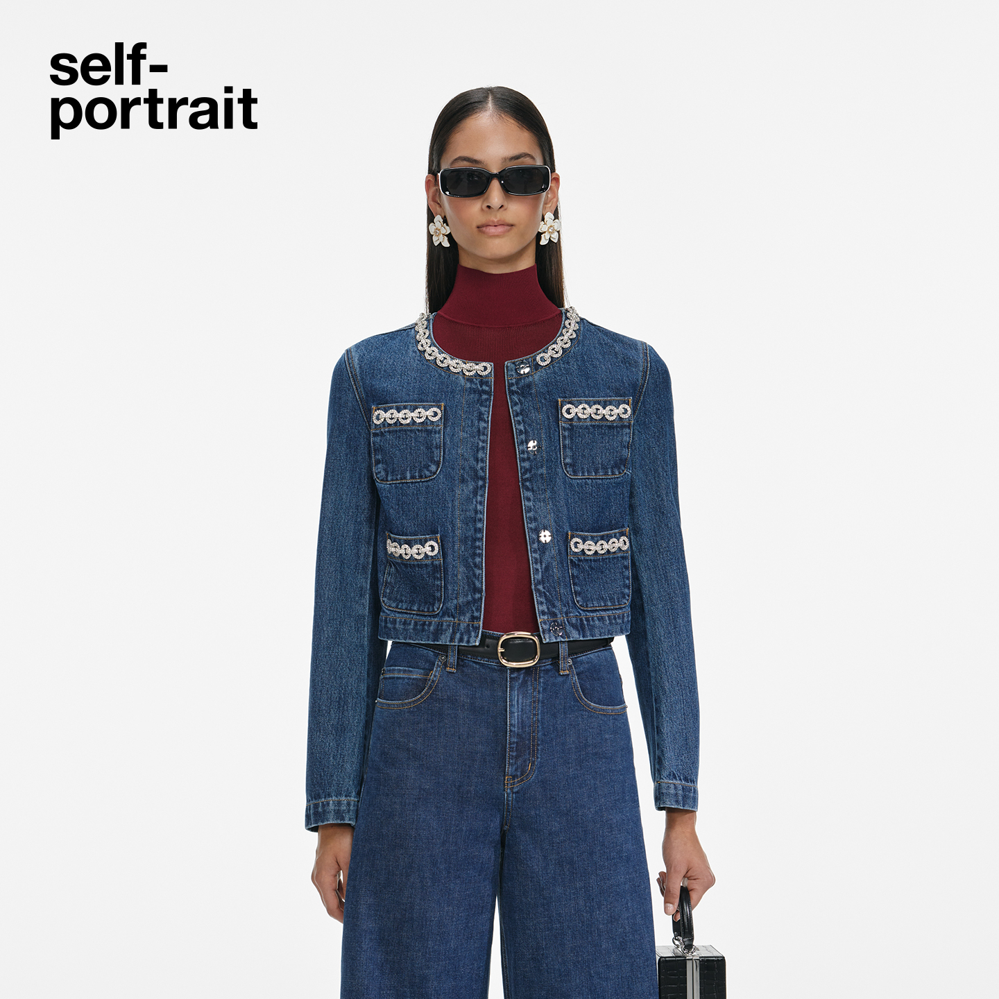 self-portrait钻饰链条牛仔外套