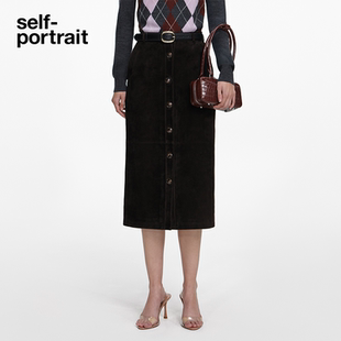 深棕色羊皮革麂皮绒a字半身裙中长裙 2026早春新款 self portrait