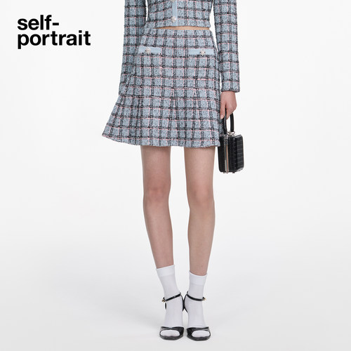 self-portrait针织格纹半身裙