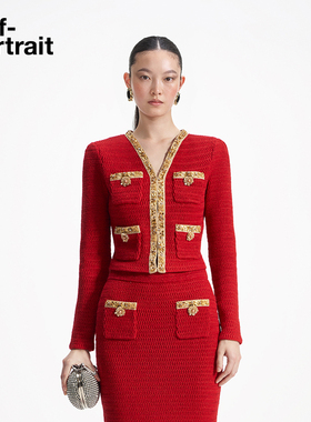 [新年开运红]self-portrait 2025早春正红色金边钻饰针织外套