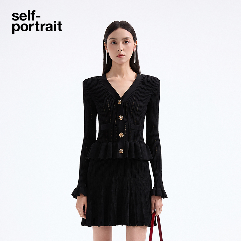 self-portraitV领针织连衣裙