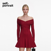 2026早春新款 self portrait 酒红色一字肩针织连衣裙短裙圣诞新年