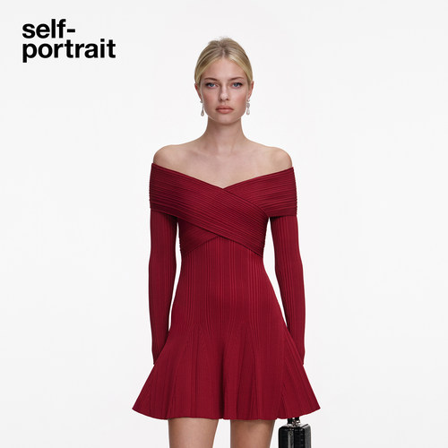 self-portrait一字肩针织连衣裙