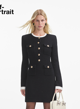 self-portrait 2025早春黑撞白气质千金风亮片针织连衣裙短裙