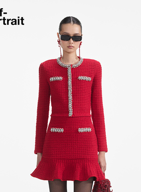 self-portrait 2025早春正红色钻饰华夫格针织衫