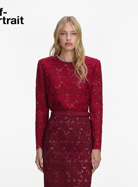 self-portrait 2026早春新款正红色气质钻饰水溶蕾丝长袖上衣打底