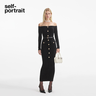 黑一字肩丝绒针织连衣裙中长裙 2025早春经典 self portrait