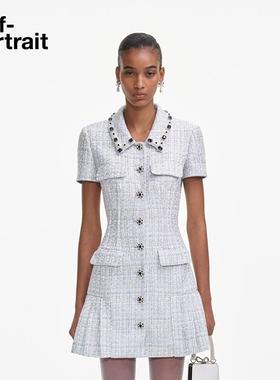 self-portrait2025春夏蓝色小香风粗花呢短袖重要场合连衣裙