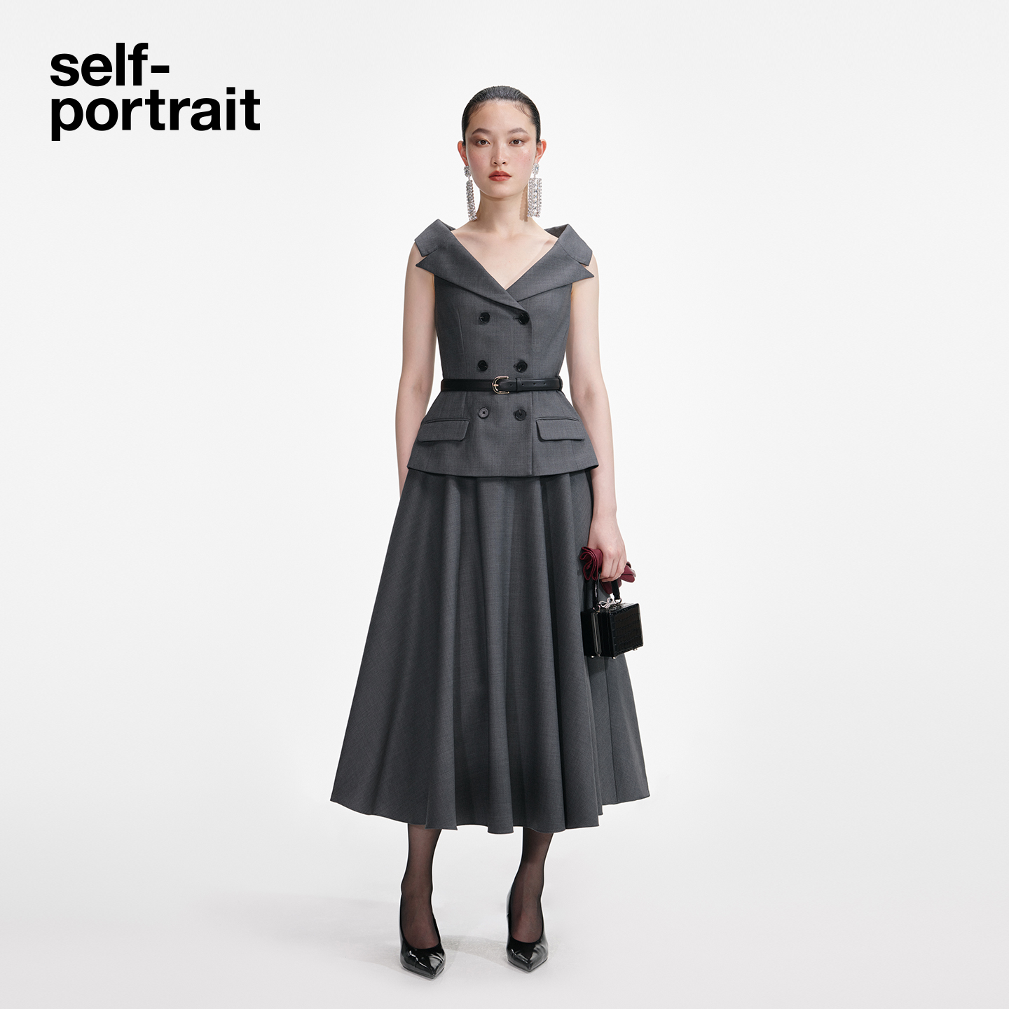 self-portrait假两件收腰连衣裙