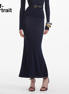 self-portrait 2025早春藏蓝色百搭针织鱼尾半身长裙