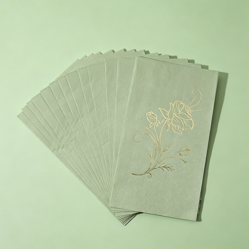 烫金玫瑰花绿色长方形宴会纸巾 Gold Foil Wedding Paper Napkins