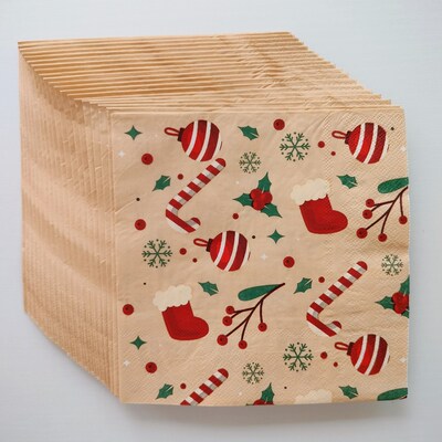Christmas Party Paper Napkins 冬季雪花圣诞节袜子拐杖餐巾纸