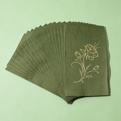 烫金玫瑰花军绿色长方形宴会纸巾 Gold Foil Green Paper Napkins