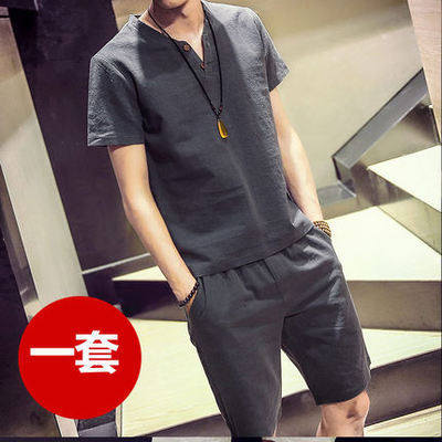男士欧美套装t恤亚麻一身夏装全套衣服男成套搭配青年休闲麻衣