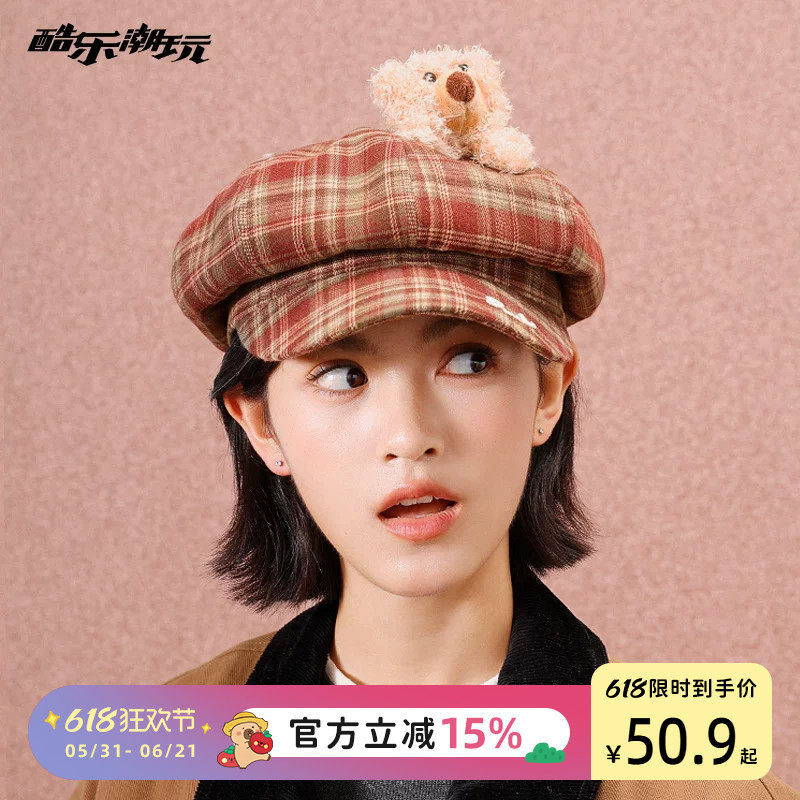 酷乐潮玩萌趣新复古八角帽麂皮格纹红棕圣诞小熊女报童帽蓓蕾帽冬