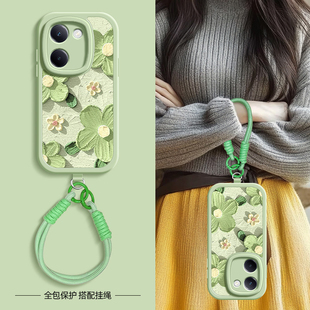 200i春夏斜挎挂绳可背vivo女款 浮雕花瓣适用vivoy300pro手机壳y200小羊皮y100 200T y200GT 网红硅胶 100i新款