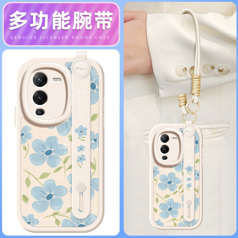 蓝色花瓣适用vivos16手机壳s15pro小羊皮s12/10/9/7新款s1/s7t/9e/15e/16e腕带斜挎挂绳可背vivo女款网红硅胶