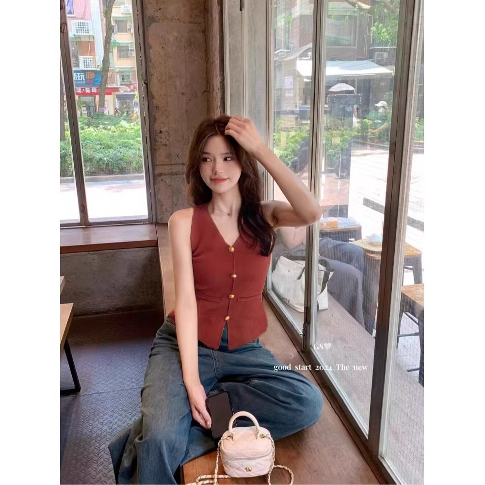 小香风红色V领吊带背心女夏外穿独特超好看修身无袖坎肩马甲上衣