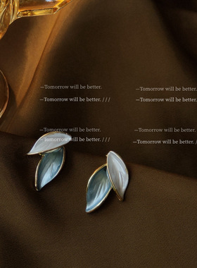 小清新白绿色叶子耳钉925银针滴油耳环小众百搭简约气质通勤耳环