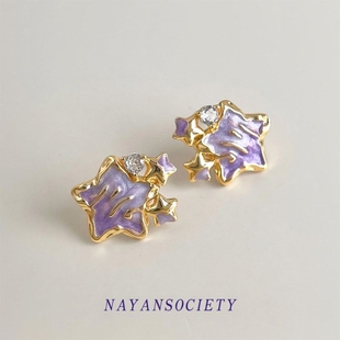 耳饰 新款 原创法式 渐变紫色星星耳钉珐琅彩绘925银针耳环小众个性