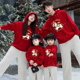 本命年马年红色亲子装 一家三口四口小月龄爬服过年拜年服 卫衣冬装