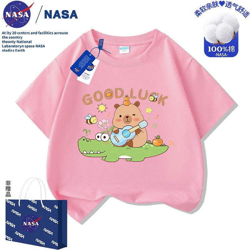 NASA儿童卡皮巴拉印花纯棉短袖T恤卡通可爱男女童装时尚潮流上衣