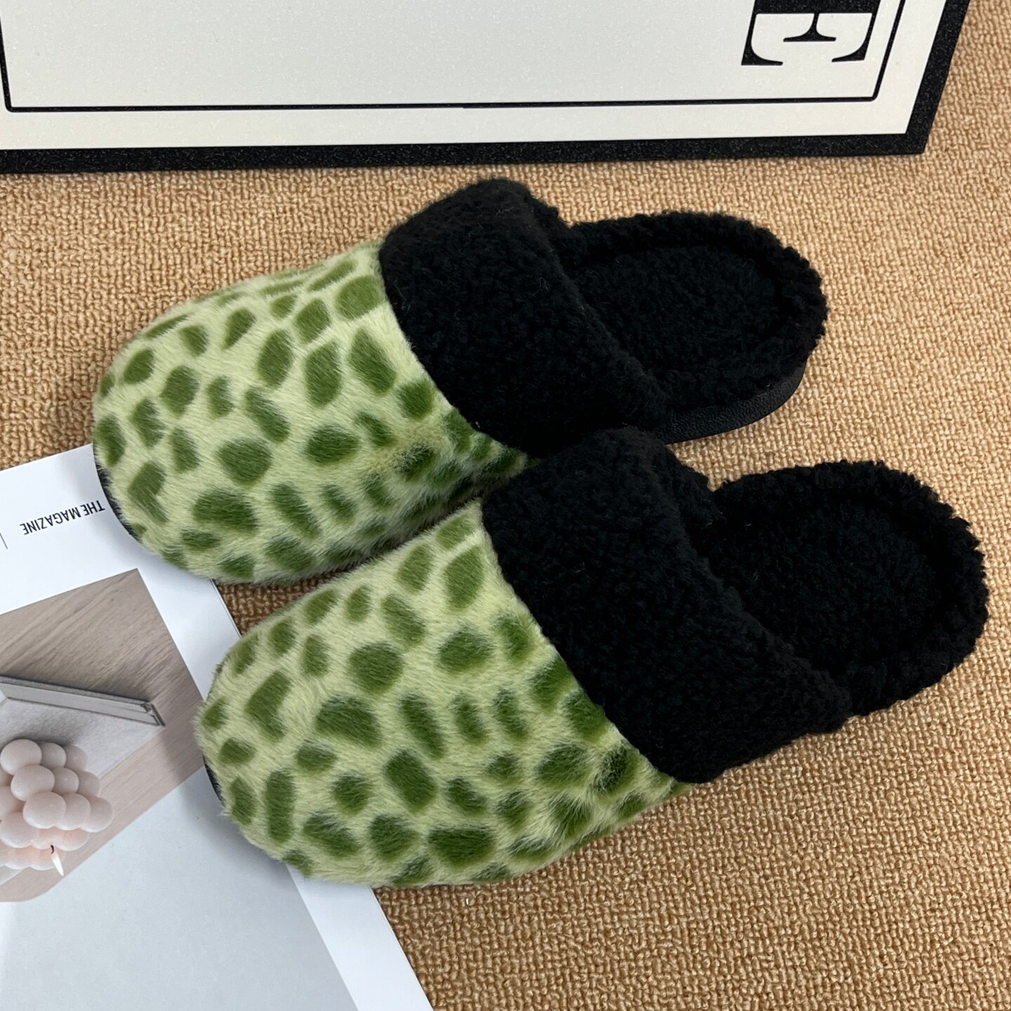 外贸单女士毛绒厚底绿色百搭大码棉拖鞋室内居家防滑保暖包头拖鞋