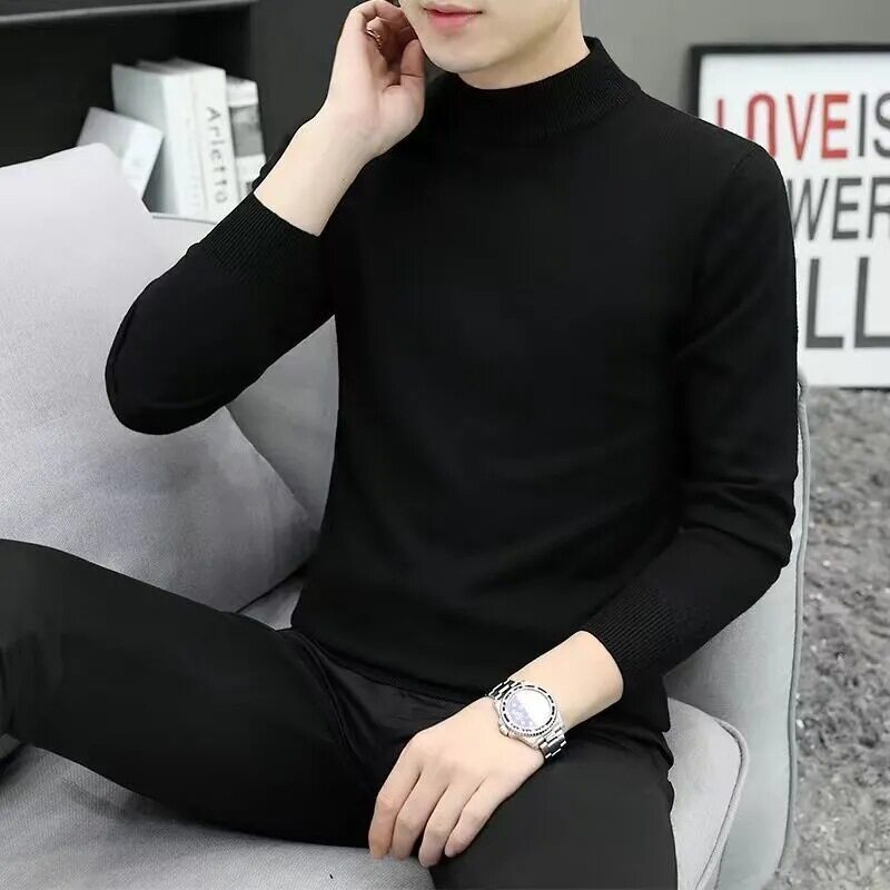 义乌打底衫男2025新款修身内搭百搭针织打底衫纯黑色中领潮流线衣