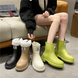 新款雨鞋女厚底中短筒一体时尚防水靴加绒干湿两用防滑胶鞋套
