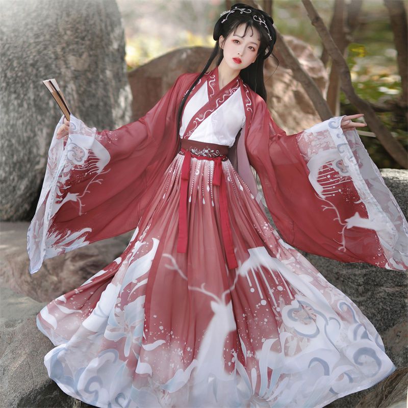 出租汉旭长安故里汉服女齐腰襦裙晋制交领三件套一片式闺蜜装租赁