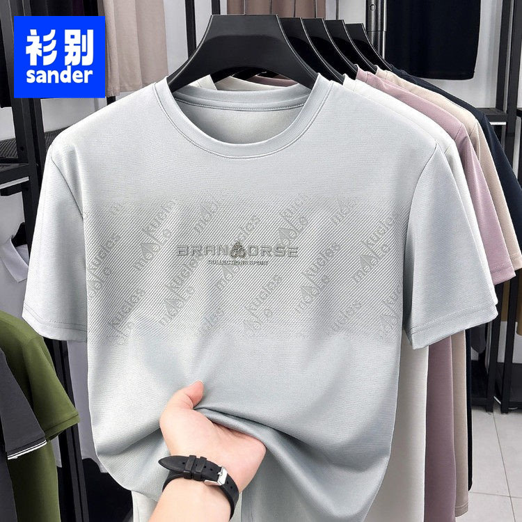 桑蚕丝+亚麻中年男士冰丝短袖POLO衫宽松休闲新款印花圆领T恤衫男