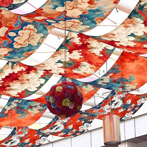 新中式中国风吊顶装饰挂布国潮风祥云花纹天幕布商用天花板遮丑帘