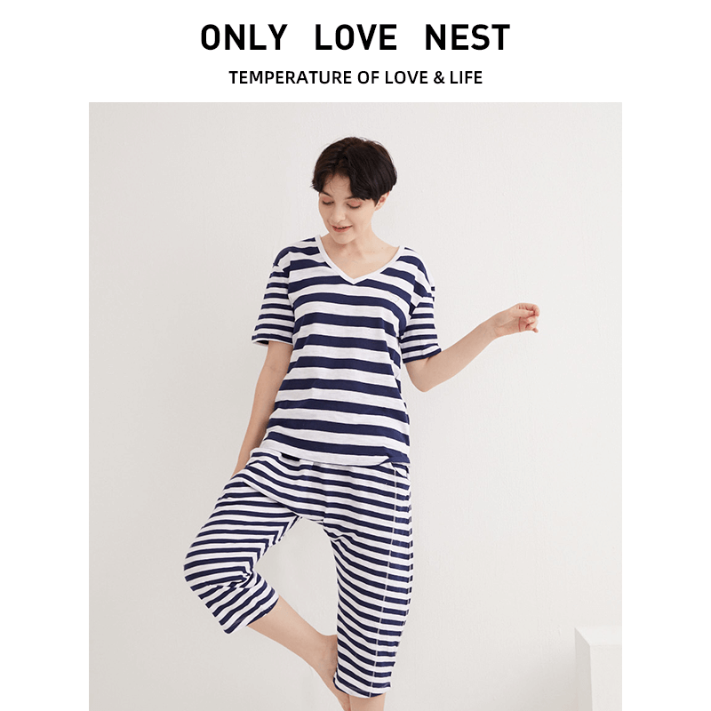 Only love nest/唯爱小窝女士半袖七分裤春夏款家居服 条纹睡衣