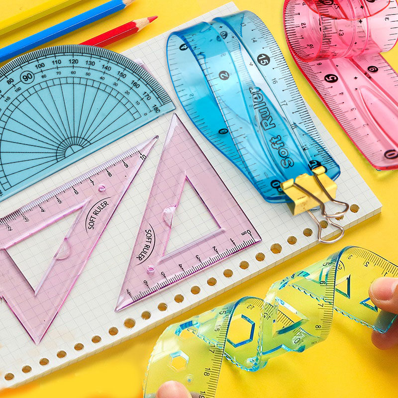 软尺四件套20cm软直尺画直线加厚的尺子套装套尺三角尺小学生专用三角板数学绘图多功能文具一年级量角器儿童