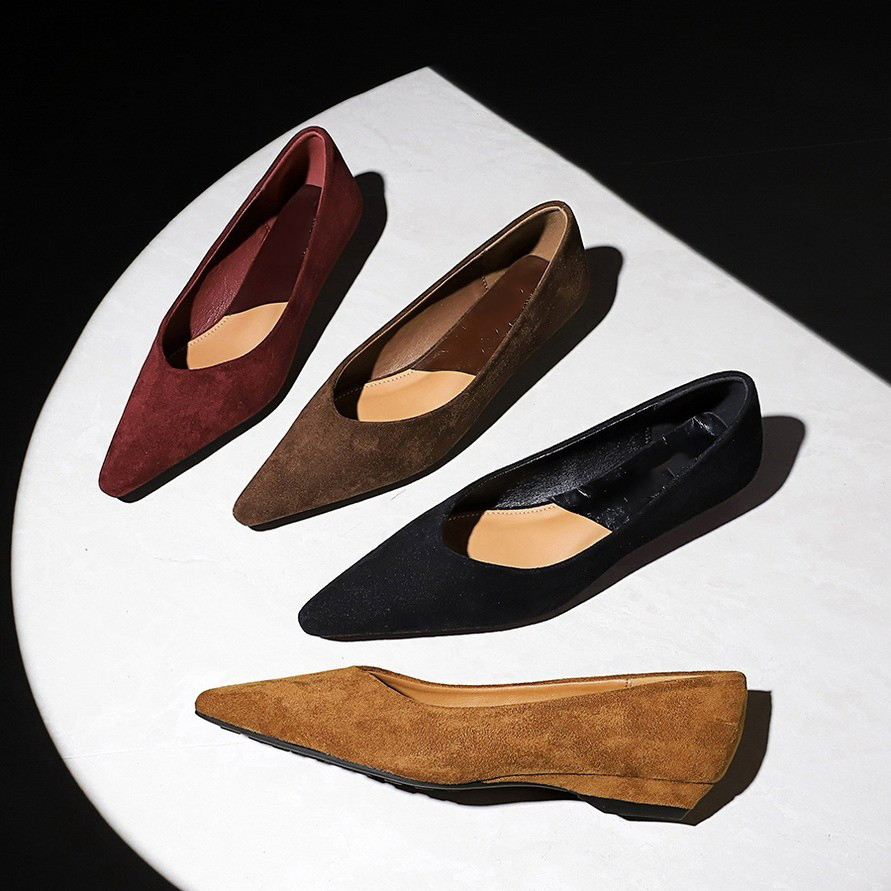 韩版简约低跟百搭女鞋秀气坡跟尖头浅口修脚绒面素面单鞋通勤鞋