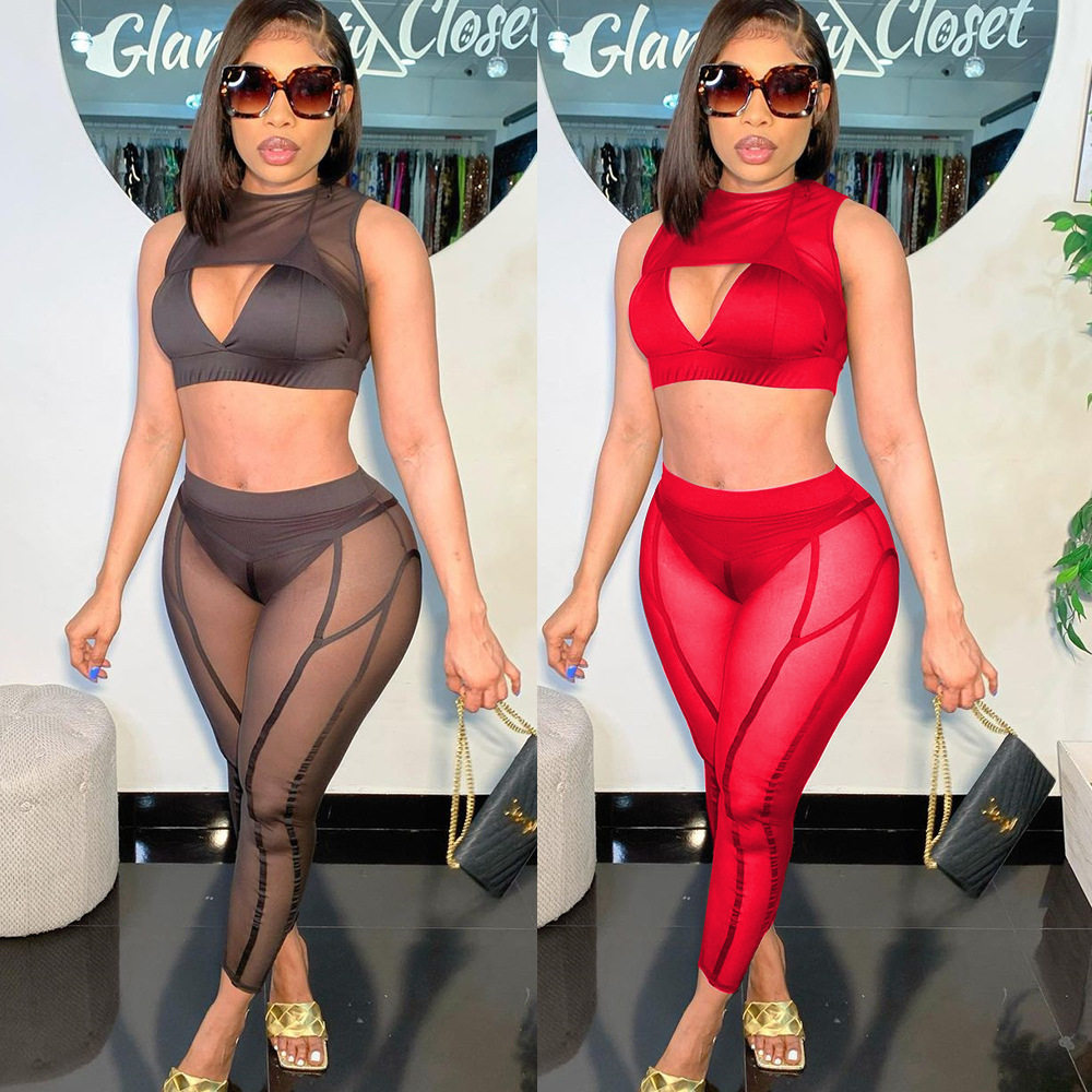 Women's fashion sexy mesh chest wrapped pants two-piece set