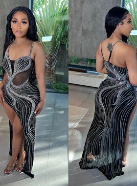 Women's sexy mesh rhinestone nightclub suspender dress吊带裙