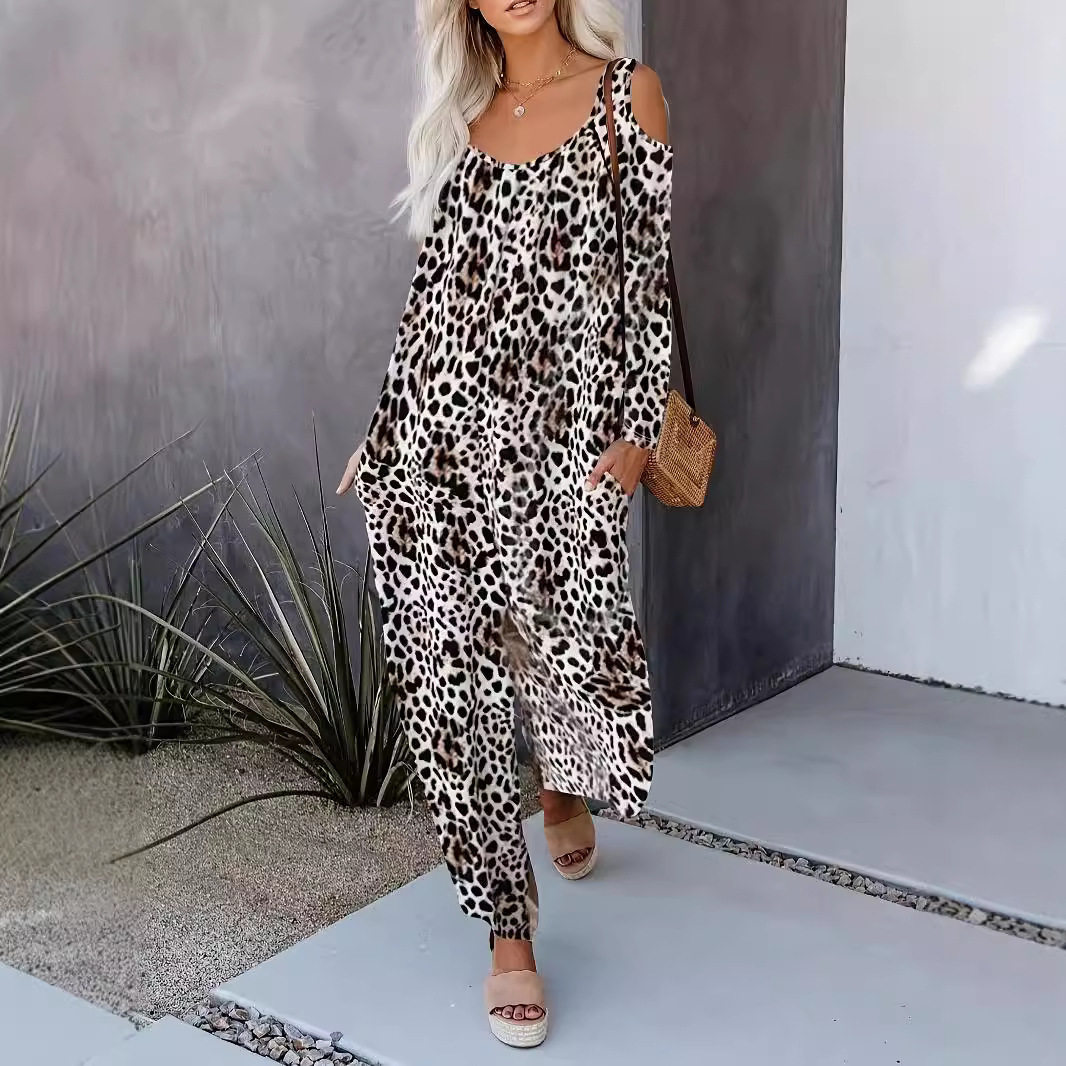 Women long sleeved off shoulder leopard print jumpsuit连体裤