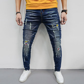 ripped 小脚裤 slim jeans破洞时尚 Men 男修身 fit 潮流补丁牛仔裤