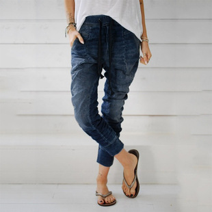 plus pants size Haren女牛仔长裤 哈伦 Women 收脚系带大码 denim